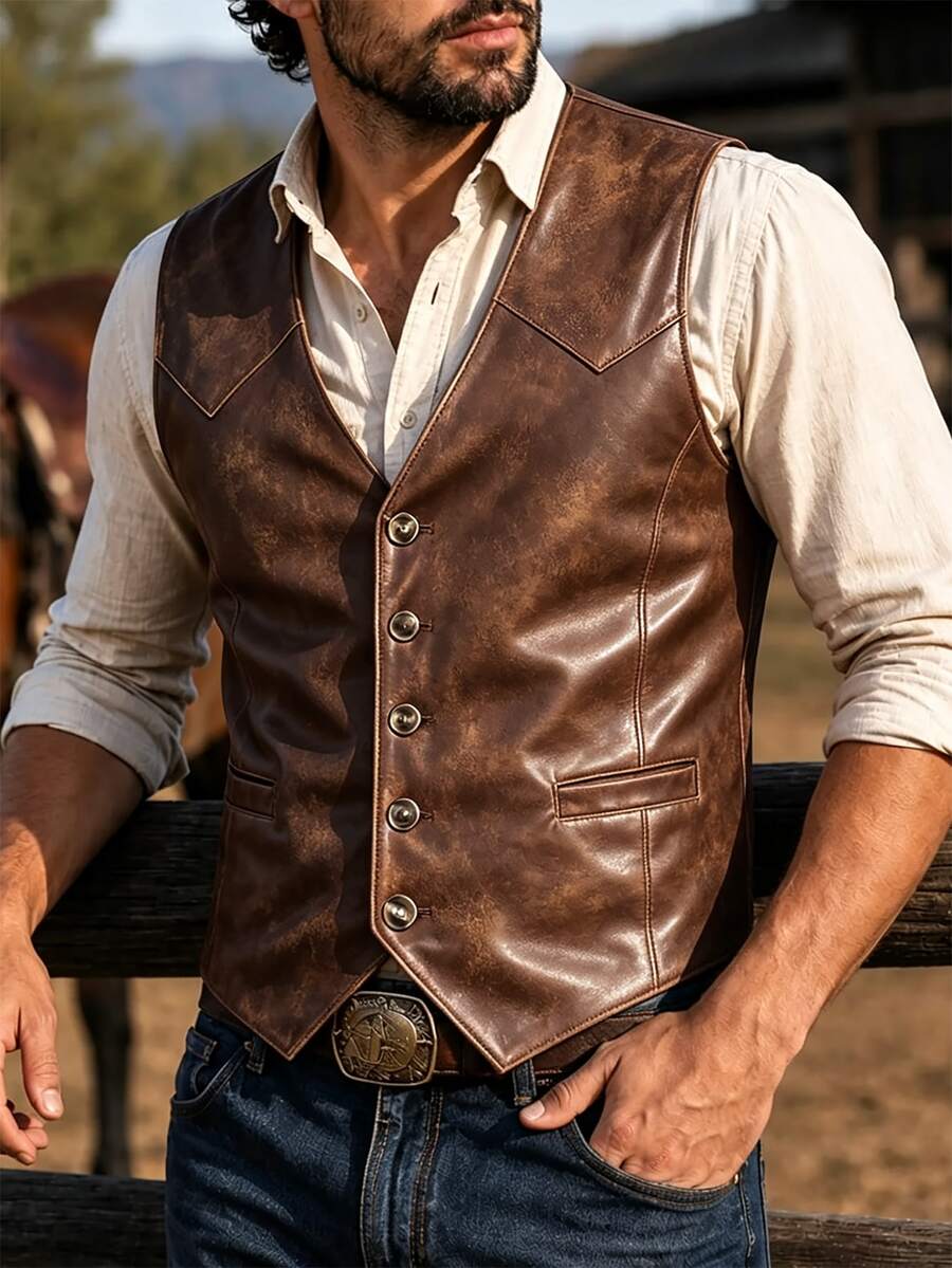 Manfinity Bizformal Men's Brown Slim Fit Mature Casual Denim Style Versatile Vest - Brown - View 1