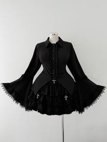 Sunspun Plus Size Dark Style Long Sleeve Asymmetrical Hem Button Shirt - Black - View 6