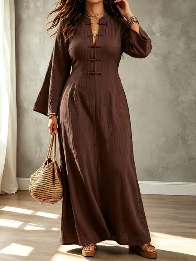 Weeklong Plus Size Frog Button Stand Collar Pleated Maxi Dress, Casual Elegant Long Dress