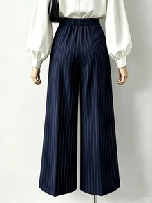 GlowEve CURVE Women's Plus Size Fashion Striped Pleated Casual Wide Leg Long Pants, Suitable For Commuting, Outings And Daily Wear, Dress Pants - Blue - View 2