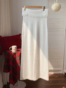 Comfortcana Women's Solid Color Contrast Lace Waist Fold Elegant Knit Long Pants - White - View 2