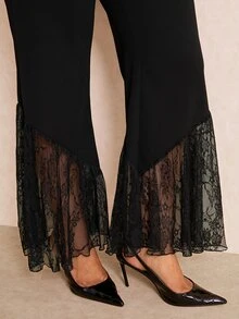 Elaquor Plus Size Women Solid Color High Waist Contrast Lace Elegant Flare Pants - Black - View 4