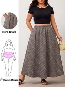 Enliva Plus Size High Waist Plaid A Line Maxi Skirt With Pockets Apple - Brown - View 1
