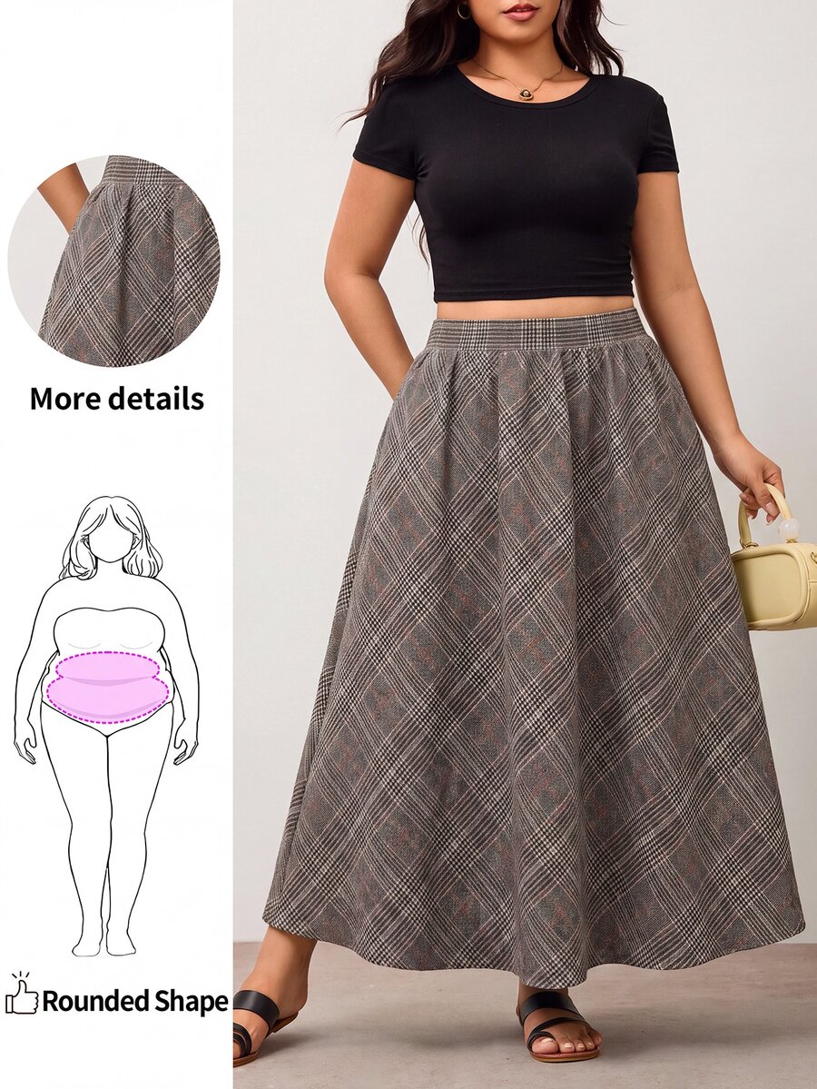 Enliva Plus Size High Waist Plaid A Line Maxi Skirt With Pockets Apple - Brown - View 1