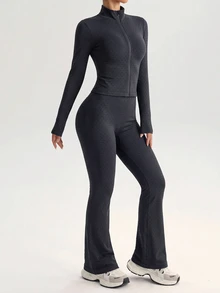 SHEIN Dewbera Women's Long Sleeve Stand Collar Zipper Top And Flare Leg Pants 2 Pieces Sports Set - Black - View 7