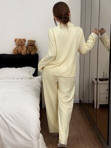 Napfluff Exquisite Lace Trim Striped Pajama Set, Minimalist Lapel Button Design Long Sleeve Comfortable Loungewear - Yellow - View 3