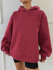 DAZY Women's Black Solid Color Loose Drop Shoulder Long Sleeve Casual Versatile Pullover Sweatshirt Hoodies - Burgundy - View 4