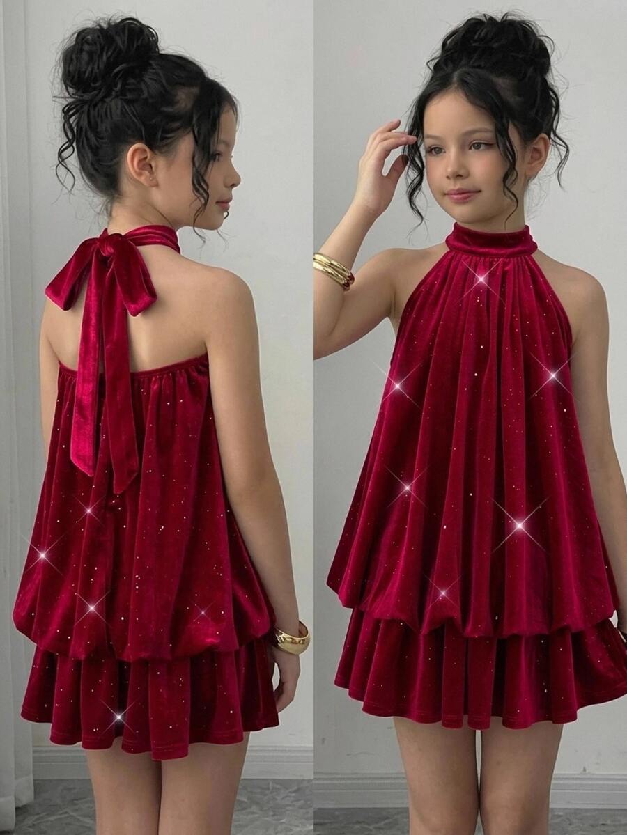 Firerie Kids Tween女孩亮面酒紅天鵝絨掛脖蝴蝶結蛋糕裙 公主禮服 派對晚宴正式場合 秋冬新款 - 酒紅色 - 查看 1