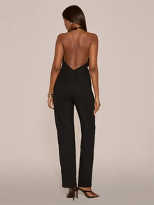 MUSERA Plunge Front Halterneck Belted Waist Fitted Sleeveless Low Back Jumpsuit Sexy Evening Night Going Out Fall Winter Autumn Solitude - Black - View 3