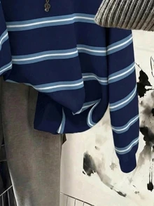 SHEIN EZwear 韓式時尚百搭深藍與淺藍拼色條紋圖案運動衫，適合外穿、攝影、露營、秋冬、返校，女款標準圓領 - 彩色 - 查看 6