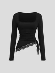 Sweetra Women's Spring/Autumn Black Square Neck Lace Patchwork Asymmetrical Hem Drawstring Design Long Sleeve T-Shirt Top - Black - View 6