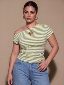 SHEIN BAE CURVE Plus Size Women's Casual Night Out Asymmetrical Shoulder Ruched Waist Textured T-Shirt, Music Festival Daily Wear Top Fall,Thanksgiving,Christmas - Yellow - View 7