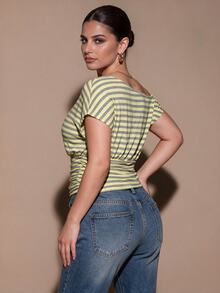 SHEIN BAE CURVE Plus Size Women's Casual Night Out Asymmetrical Shoulder Ruched Waist Textured T-Shirt, Music Festival Daily Wear Top Fall,Thanksgiving,Christmas - Yellow - View 8