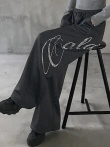 FRIFUL Women's Summer New Loose Casual Versatile Sweatpants With Back Rhinestone Letter - Grey - View 3