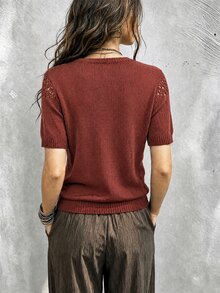 SHEIN Franclia 女款針織上衣 V 領鏤空設計，適合約會、度假、派對、日常穿著、聚會、戶外活動 - 鏽棕色 - 查看 2
