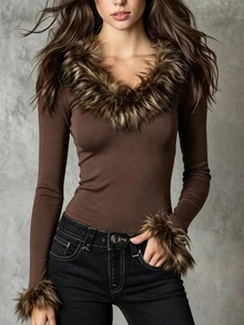 LUMIGAL Women's Autumn Patchwork Faux Fur V-Neck Long Sleeve Fashion T-Shirt - Coffee Brown - View 3