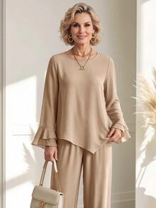 Miaspire Women's Round Neck Ruffle Cuff Top And Long Pants Set - Khaki - View 5