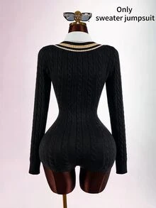 Amplova Women's Preppy V-Neck Cinched Waist Ultra Short Mini Romper - Black - View 11