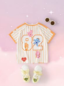 SHEIN X Care Bears 少女卡通圖案條紋印花圓領短袖T恤 - 橘色 - 查看 2