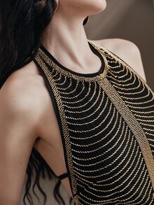 Anewsta Affair Luxury Heavy Beaded Halter Neck Fitted Evening Dress - Black and Gold - View 4