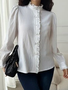 DAZY Solid Color Loose Ruched Ruffle Long Sleeve Princess Sleeve Casual Vacation Korean Style Girl Spring Autumn Blouse Women Shirt - White - View 5