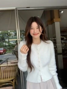DAZY Women's Solid Color Casual Long Sleeve Cardigan, Autumn/Winter - White - View 4