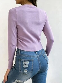 SHEIN Versatile Button Long Sleeve Solid Color Knit Cardigan - Mauve Purple - View 2