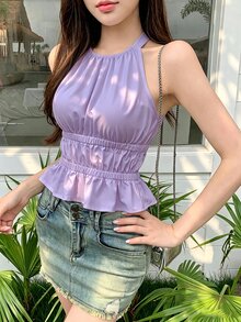 K-Vae Halter Neck New Elegant Pleated Fashion Ruffle Hem Top - Purple - View 7