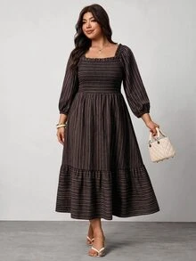 Enliva Plus Size Women's Vacation Loose Plaid Dress - Brown - View 5