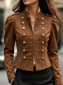 SHEIN Women's High-Quality Vintage Court Style Stand Collar Double-Breasted Gold Button Velvet Short Jacket With Puff Sleeves And Metal Decorative Buttons, Suitable For Commuting, Outings, Dates And Light Business Occasions - Brown - View 1