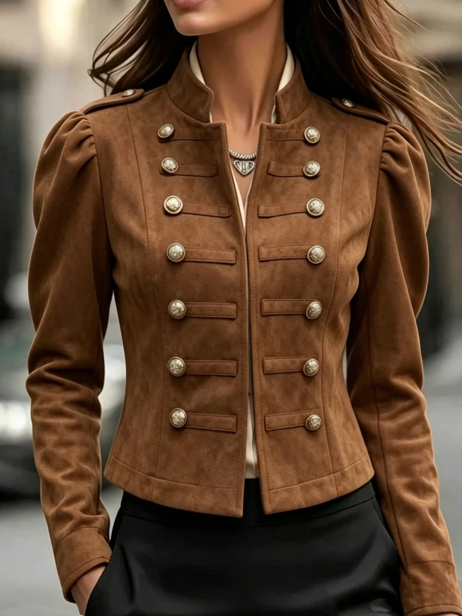SHEIN Women's High-Quality Vintage Court Style Stand Collar Double-Breasted Gold Button Velvet Short Jacket With Puff Sleeves And Metal Decorative Buttons, Suitable For Commuting, Outings, Dates And Light Business Occasions - Brown - View 1