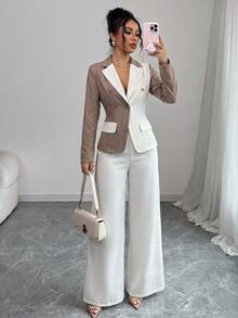 SHEIN Elenzya Women's Business Casual Fashion Colorblock Blazer And Solid Color Wide Leg Pants Set - Multicolor - View 3