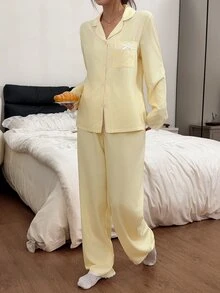 Napfluff Exquisite Lace Trim Striped Pajama Set, Minimalist Lapel Button Design Long Sleeve Comfortable Loungewear - Yellow - View 6