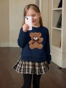 SHEIN LMoss Kids 少女復古時尚百搭休閒日常穿搭，適合秋季冬季，適用於外出與校園 - 寶藍色 - 查看 7