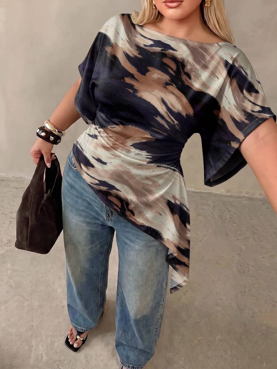Auralis Plus Size Women's Tie-Dye Pleated Casual Versatile Daily T-Shirt For Spring And Autumn - Multicolor - View 1