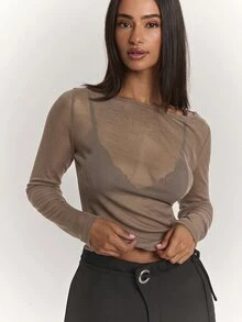 SHEIN BAE 女款優雅性感休閒日常羊絨輕量針織透視上衣，適合打造經典百搭上衣、休閒上衣、黑色上衣、百搭上衣、通勤上衣、2合1上衣 - 棕色 - 查看 7