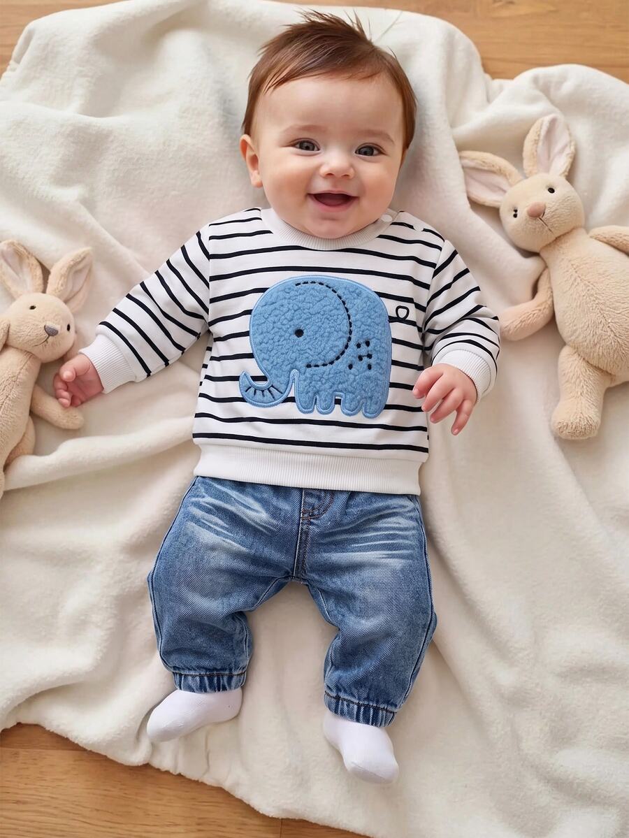 SHEIN Newborn Baby Cartoon Pattern Striped Sweatshirt And Denim Jeans Set - Blue - View 1