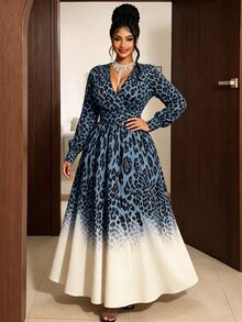 Maweii Gaun Ukuran Besar Motif Leopard Warna Blok dengan Leher Surplice untuk Musim Gugur - Biru - View 7