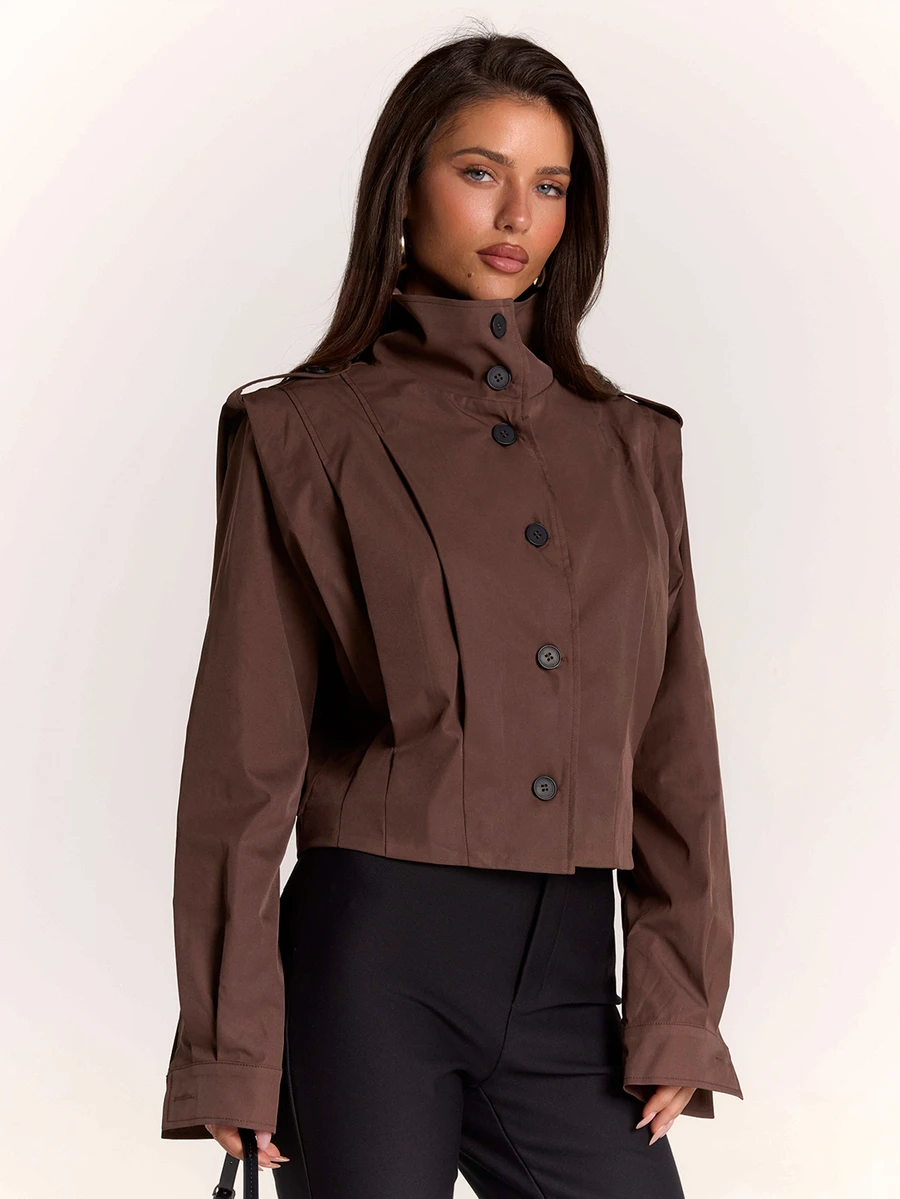 SHEIN BAE Women's Stand Collar Button Long Sleeve Solid Color Trench Coat - Khaki - View 1