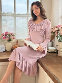 Snug Reverie Gaun Santai Wanita Gaya Prancis dengan Ruffle, Leher V, dan Pita, Panjang Sedang - Dusty Pink - View 3