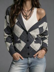 SHEIN Women's Diamond Pattern Long Sleeve Single-Breasted Casual Knit Cardigan - Multicolor - View 1