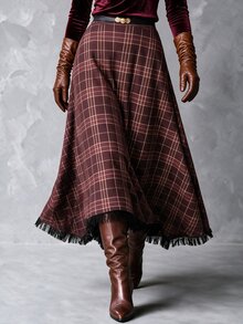 Solivie Women's Autumn Navy Blue Plaid Asymmetrical Hem Skirt - Coffee Brown - View 1
