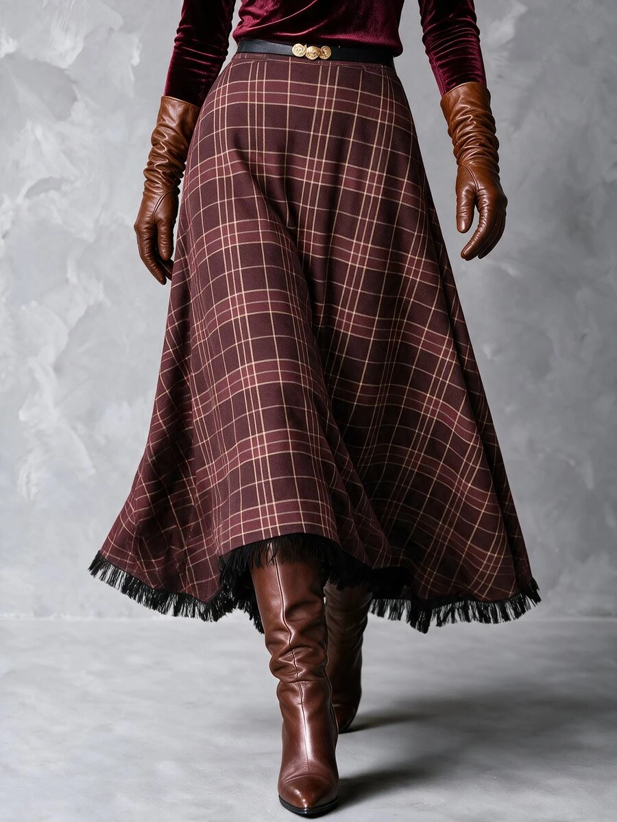 Solivie Women's Autumn Navy Blue Plaid Asymmetrical Hem Skirt - Coffee Brown - View 1
