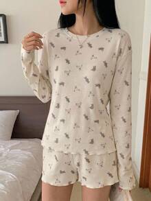 Dazy Kids 青少年女孩秋季服飾 青少年女孩寬鬆舒適春秋居家服套裝 V領T恤 格紋直筒長褲 - 米色 - 查看 6