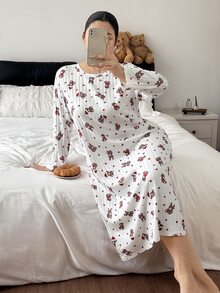 Napfluff CURVE Napfluff CURVE Cute Christmas Hat & Teddy Bear Print Skin-Friendly Fleece Ribbed Crew Neck Long Sleeve Plus Size Nightgown - White - View 5
