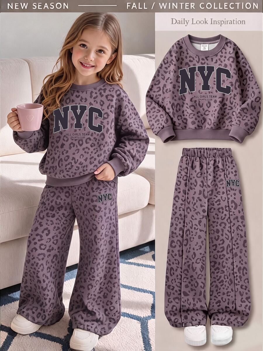 紫色調時尚豹紋運動風拼色 NYC 字母圖案女童休閒套裝,柔軟舒適寬鬆圓領套頭衛衣搭配寬腿褲,適合秋冬日常穿著、街頭風、新風格、時尚女孩、校園風返校穿搭 - 彩色 - 查看 1
