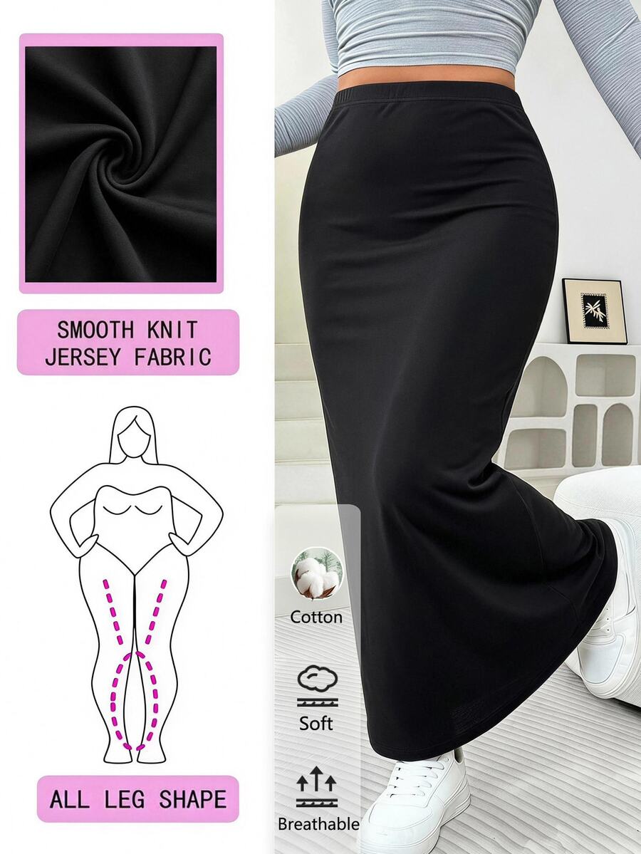Solflare Rok Panjang Kasual Wanita Ukuran Besar Warna Polos dengan Pinggang Elastis - Hitam - View 1