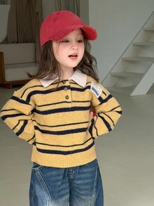 DAZY Sweater Lengan Panjang Kasual Harian Motif Garis-Garis untuk Bayi Perempuan - Kuning - View 5