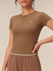 OutZeal Women Sports Tee Gym Workout Casual Soft Slim-Fit Front Half Zip Short Sleeve T-Shirt Summer - Brown - View 6