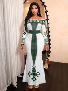 Brilight Geo Print Off Shoulder Long Sleeve Maxi Bodycon Dress Pattern Slim Mermaid Gown For Party Wed - White - View 7